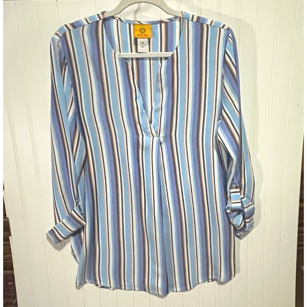Ruby Rd Women’s Blue Striped Tunic Relaxed Fit V-Neck Roll Tab 3/4 Sleeve Med